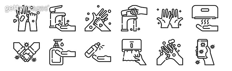 set of 12 thin outline icons such as cellphone, tissue paper, alcohol ...