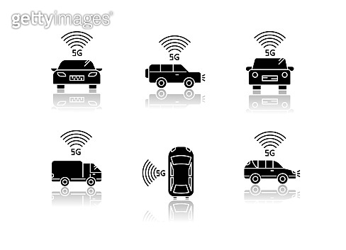 5G smart cars drop shadow black glyph icons set. Vehicles with Internet ...