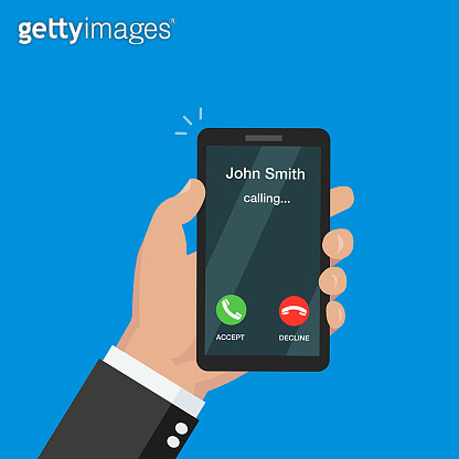 Man holding a smartphone with incoming call on the screen. Flat design ...