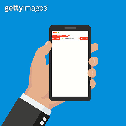Hand holding a smartphone with mobile web browser on the screen. Mobile ...