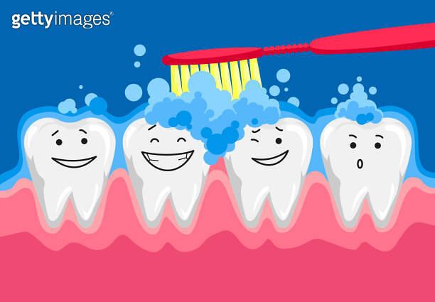 Cute happy smiling tooth with toothbrush and toothpaste. Brushing clean ...