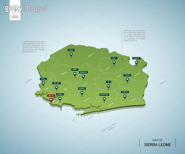 Stylized map of Sierra Leone. Isometric 3D green map with cities ...