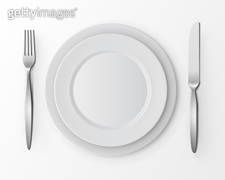 set of White Flat Round Plates with Fork and Knife Top View on ...