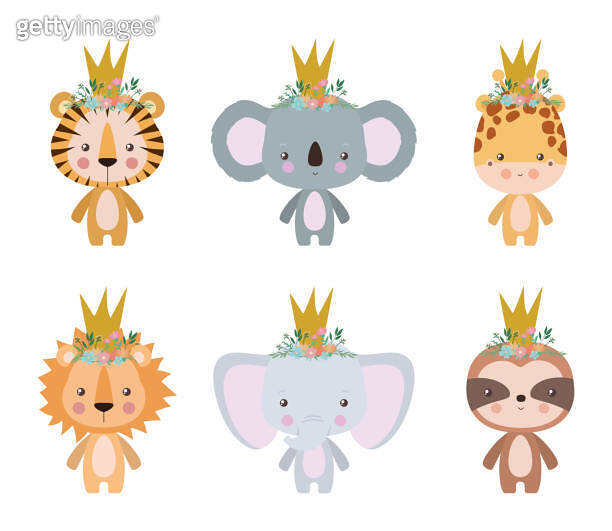 Cute tiger koala giraffe lion elephant and sloth cartoon vector design ...