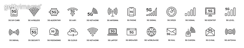 Simple line stroke vector icon set,new 5th generation mobile network 5G ...