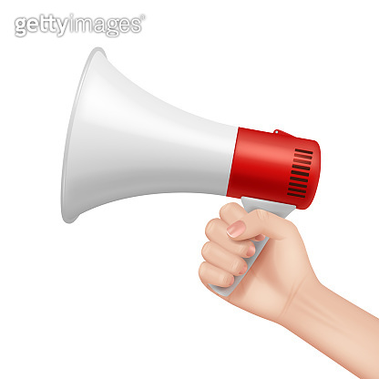 Megaphone in hand. Lifeguard talking in loud speaker businessman holding megaphone and speaking ...