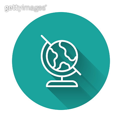 White line Earth globe icon isolated with long shadow background. Green ...