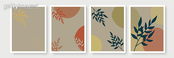 Botanical wall art vector set. Earth tone boho foliage line art drawing ...