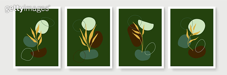 Botanical wall art vector set. Earth tone boho foliage line art drawing ...