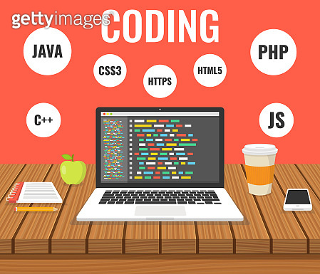 Programming, web development concept. Code on the screen laptop. Work ...