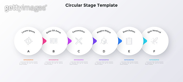 Flowchart with six overlaying paper white elements with pointers placed ...