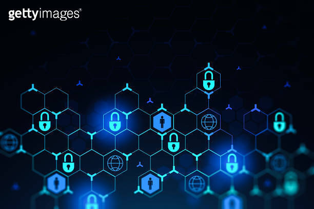 Futuristic cyber security interface and data protection on blue ...