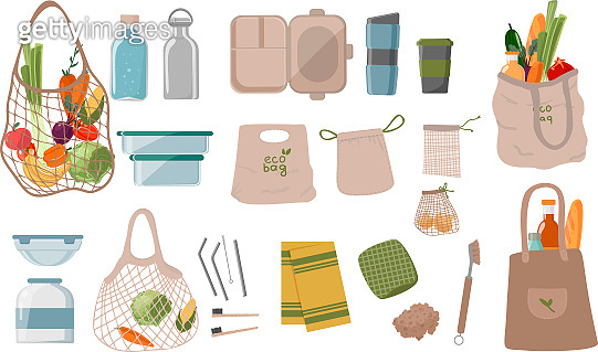 Collection of Zero Waste durable and reusable items or products. Eco ...