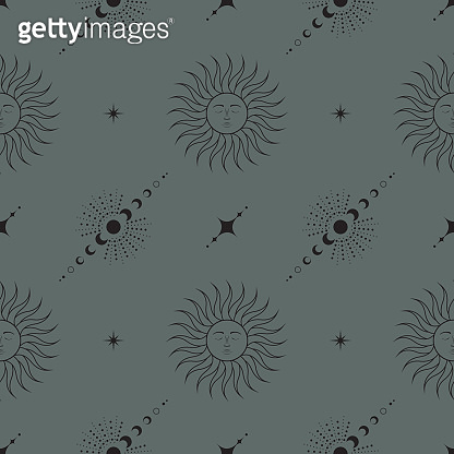 Vector seamless mystical pattern with magic sun with face, stars and ...