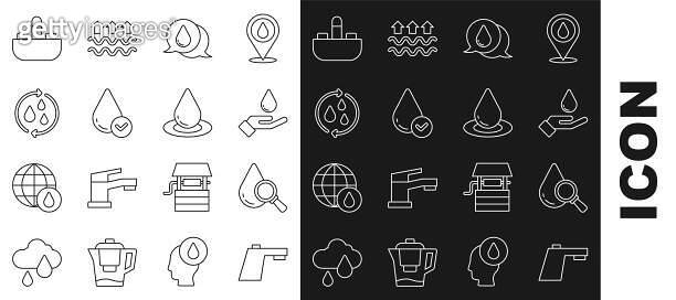 Set line Water tap, Drop and magnifying glass, Washing hands with soap ...