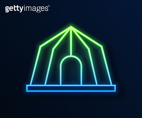 Glowing neon line Circus tent icon isolated on blue background ...