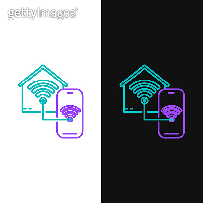 Green and purple line Smart home with wi-fi icon isolated on white and ...