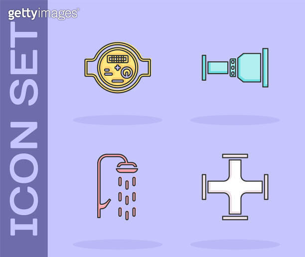 Set Industry metallic pipe, Water meter, Shower and Pipe adapter icon ...