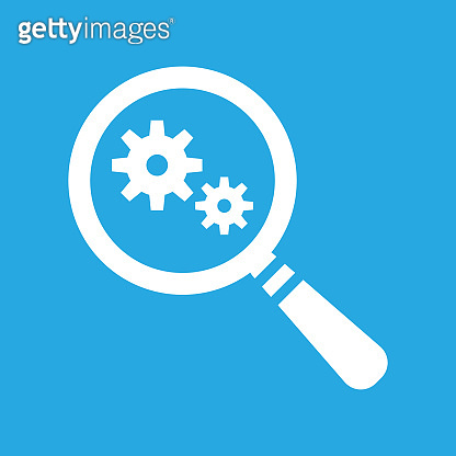 vector magnifying glass with Flat design style gears icon on a b ...