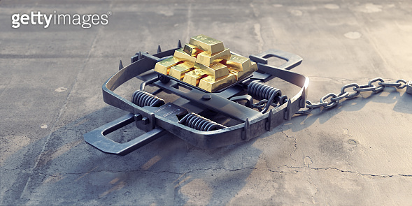 Bear Trap Primed and Baited With Lots Of Gold Bars Showing Risk and ...