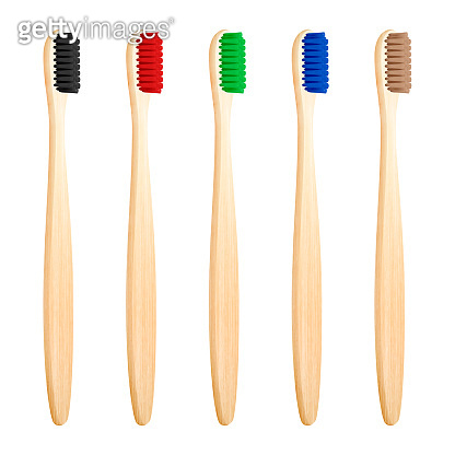 Vector 3d Realistic Brown Wooden, Bamboo Blank Toothbrush Set Isolated ...