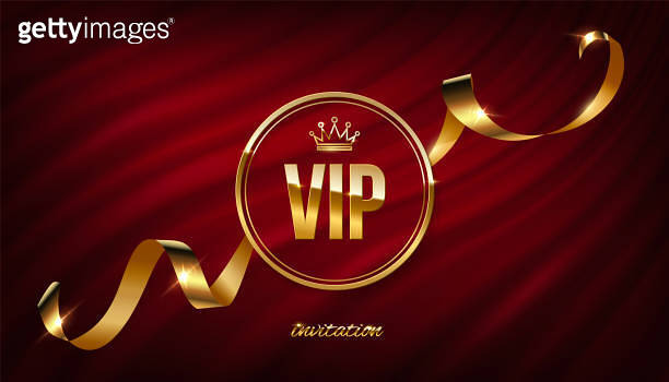 VIP golden circle frame invitation with wavy silk ribbon on curtain ...