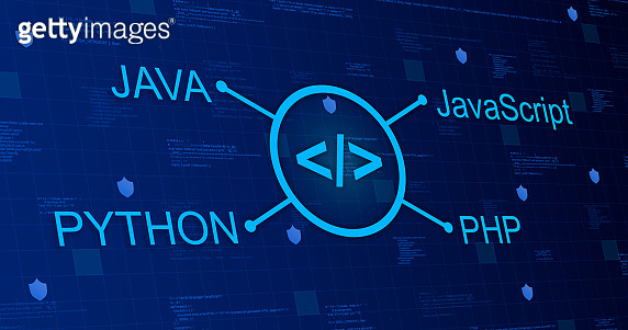 Programming icon with names of programming languages around on ...