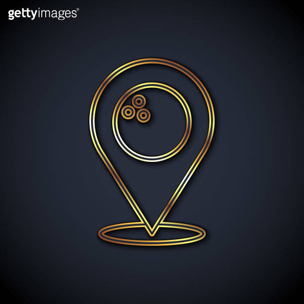 Gold line Map pointer with bowling ball icon isolated on black ...