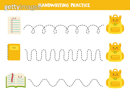 Tracing lines with cartoon sheet, notebook, book and rucksack. Writing ...