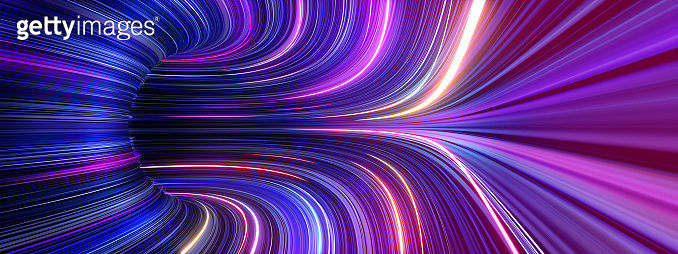 3d render, abstract panoramic background with tunnel turn. Bright ...