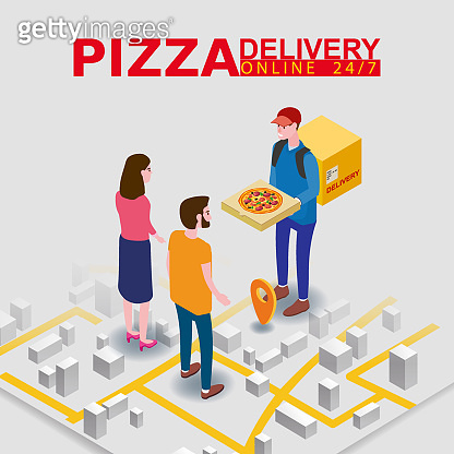 Pizza Delivery Service Isometric concept. Courier gives pizza box to ...