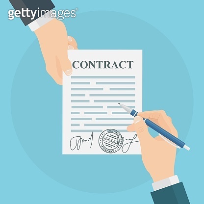 Contract signing. Man hand hold documents and pen. Vector illustration ...