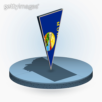 Montana map in round isometric style with triangular 3D flag of US ...