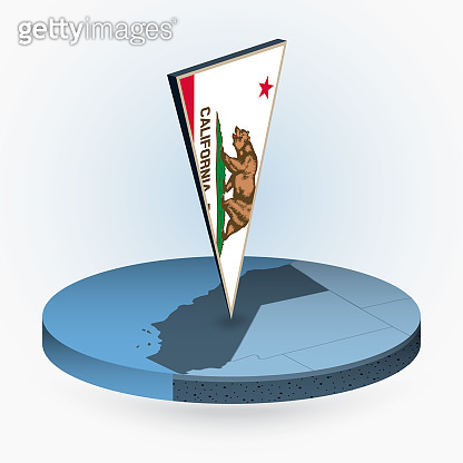California map in round isometric style with triangular 3D flag of US ...