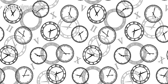 Seamless pattern with black clocks on a white background with gray ...