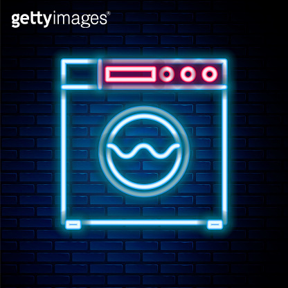 Glowing neon line Washer icon isolated on brick wall background ...