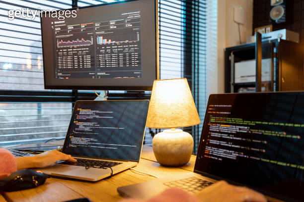 Female programmer writing programming code at cozy home workplace ...