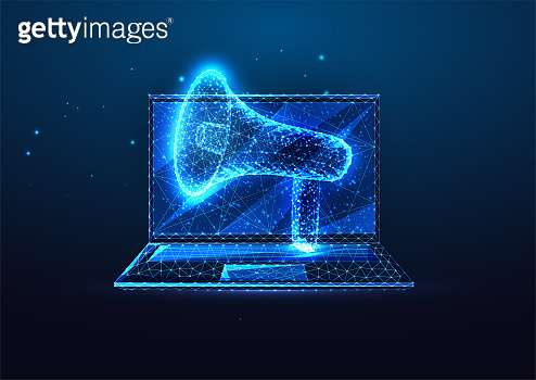 Futuristic digital advertising, broadcasting concept with glowing low ...