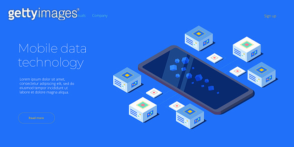 Mobile data processing technology in isometric vector illustration ...