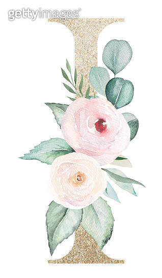 Light golden Letter I with watercolor roses and leaves. Pastel floral ...