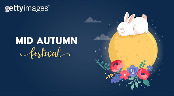 Mid Autumn Festival Concept Design with Cute Rabbits, Bunnies and Moon ...