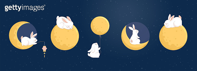 Mid Autumn Festival Concept Design with Cute Rabbits, Bunnies and Moon ...