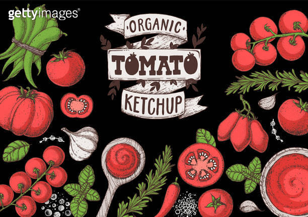 Tomato sauce, ketchup cooking and ingredients frame. Hand drawn vector ...