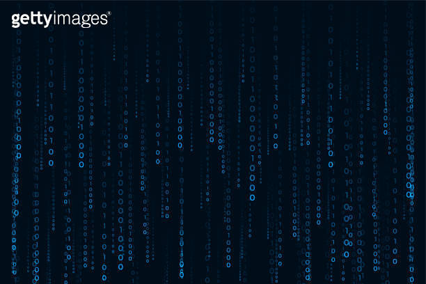 matrix style binary code digital falling numbers blue background ...