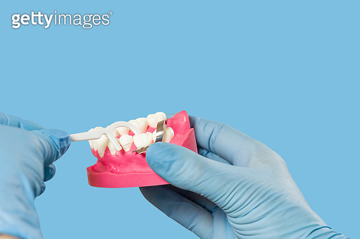 Dentist with floss toothpick and layout of the human jaw. (1409410633 ...