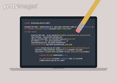 A pencil eraser erasing a programming code written on a laptop screen ...
