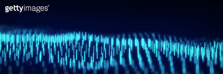 Abstract dynamic wave flow of vertical blue glow lines on a dark ...