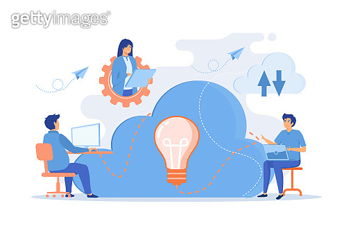 Coworking team of users connected by cloud computing and light bulb ...