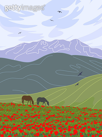 Landscape with Mountains, Poppy Field, Horses and Flying Birds ...