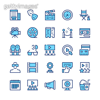 Cinema line icons. Blue color. Outline symbols. Vector line icons set ...